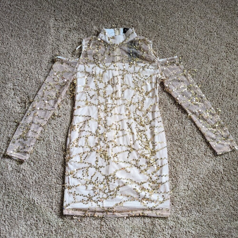 AX Paris Dress Womens Sz 12 Cream Sequin Bodycon Mini Sheer LS Cold Shoulder NWT